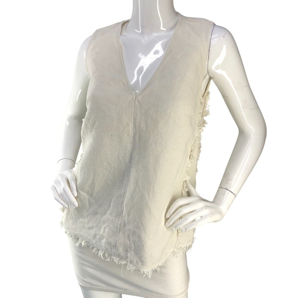 Ann Mashburn Womens Size S Vest V Neck Sleeveless Heavy Linen Frayed Edge White